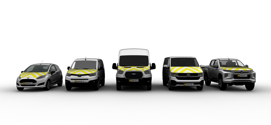 3D renders of a variety of vehicles sporting front chevrons.